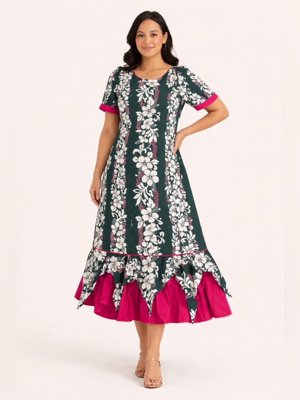 Winnie Fashion Hawaiian Floral Handkerchief Hem Dress XL Vintage